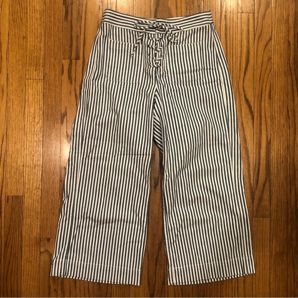 Madewell Wide Leg Blue & White Striped Cropped Pants Capri - Picture 2 of 11
